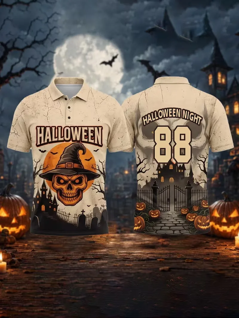Custom Number Halloween Night Polo Shirt for men Witch Skull Haunted Castle Pumpkin design Short Sleeve Men Holiday shirt Tops