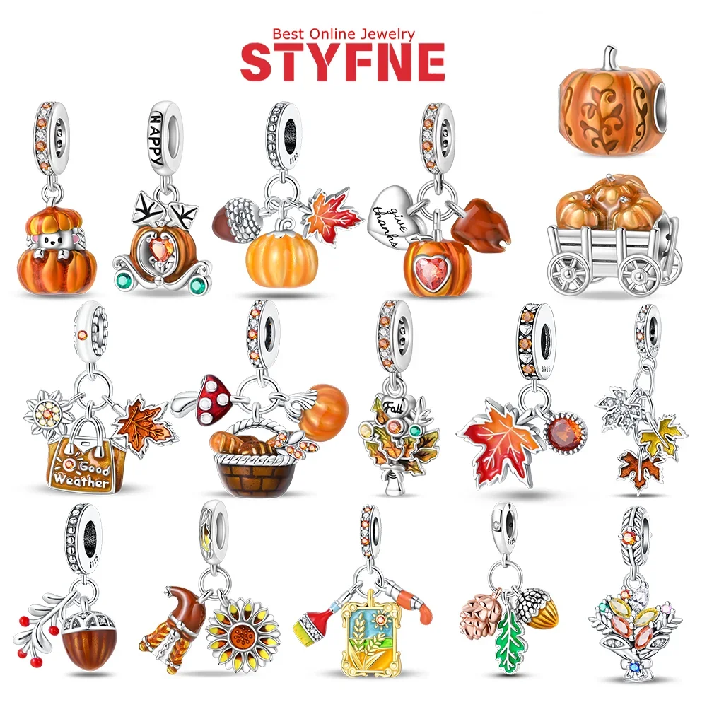 

925 Silver Fashion Autumn Series Pumpkin Maple Leaf Pine Nut Hazelnut Charms Beads Fit Original Bracelets DIY Jewelry Making