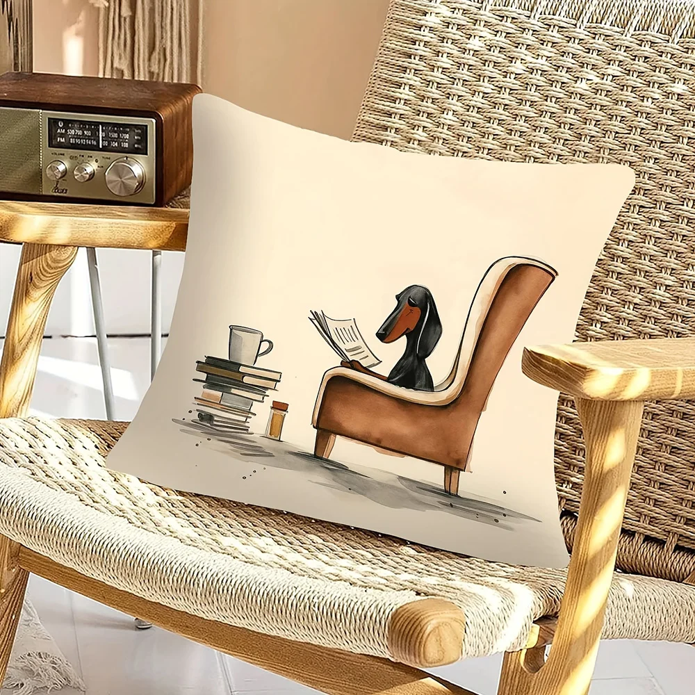 1pc Dachshund Reading Newspaper Throw Pillow Cover, Cute Watercolor Pet Lover Decorative Cushion Case for Living Room Sofa