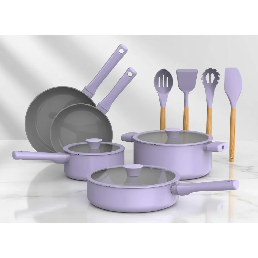 

12-Piece Ceramic Nonstick Cookware Set with Utensils - Dishwasher & Oven Safe, All Stovetops Compatible, Lavender