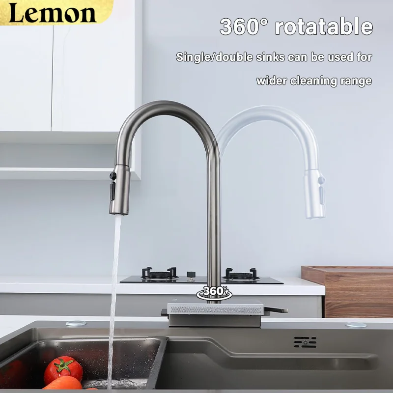Kitchen pull-out stainless steel faucet, pull-out design, multi-functional pressurized spout, hot and cold dual control