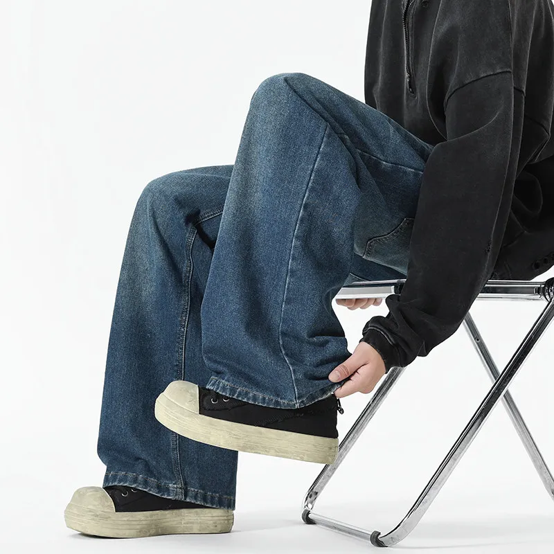 

Retro Washed Straight Leg Men's Jeans Spring Fashion Brand Wide Leg Pants American Style Cool Handsome Vintage Cotton Casual