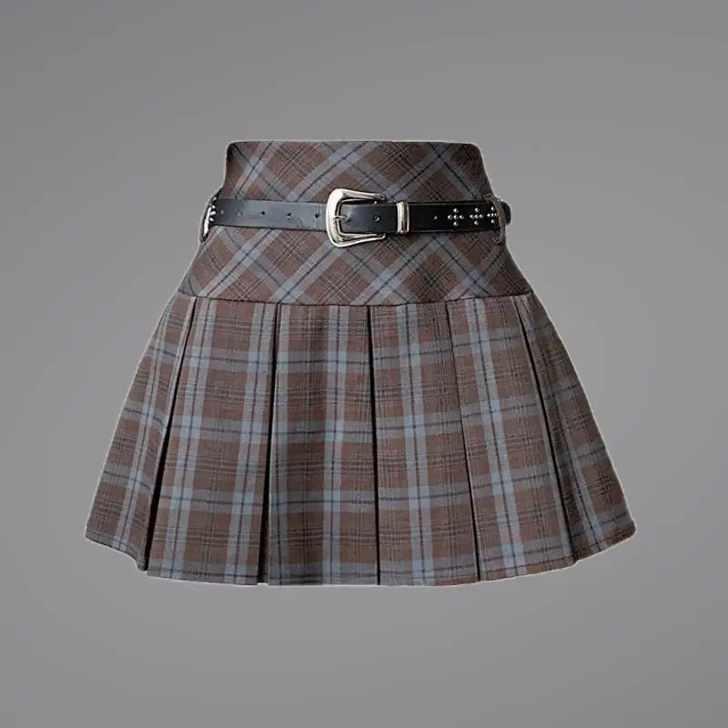 

plaid skirt women's autumn design feeling belt pleated short small man thin high waist A-shaped skirt