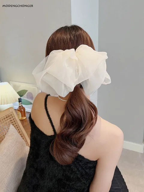 Biały Oversize Bow szpilka dla kobiet przędza netto Bowknot wstążka klips do włosów nowa długa pani weselne dla dziewczynek zacisk sprężynowy akcesoria do włosów