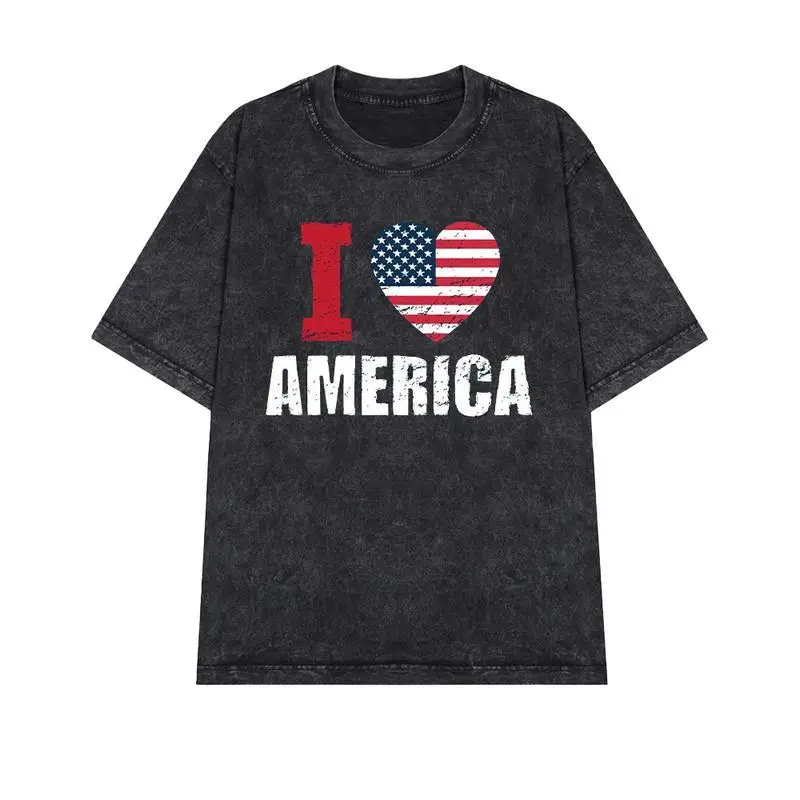 

American Flag Heart Print T-shirt Unisex Retro Washed Cotton USA Patriotism Tee Loose Fit Summer Streetwear Aesthetic Top