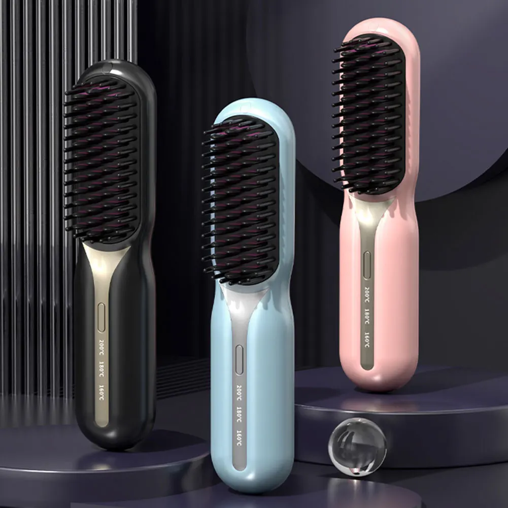 Portable Cordless Hair Straightener Brush with Anti-Scald Feature Adjustable Temperature for All Hair Types