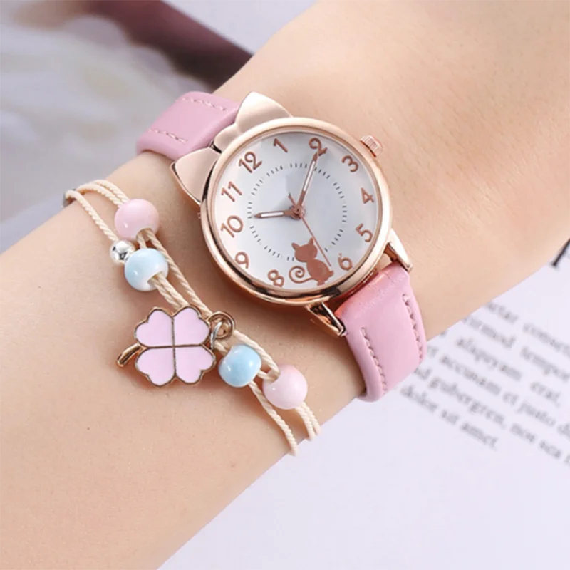 1Set Cat Dial Women Watch Fashionable Delicate Stylish Casual Formal Wrist Watch Bracelet Decoration for Female Students Office