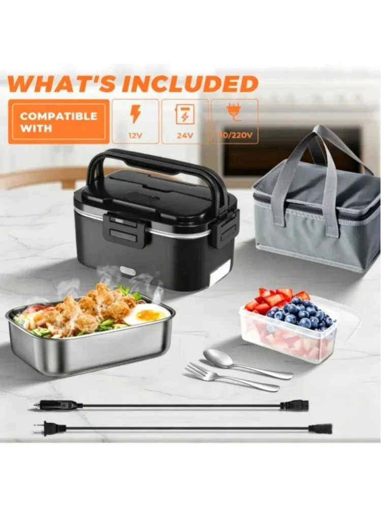 80W Elektrische Heiz-Lunchbox 3-in-1 12V/24V Auto & 110V/220V Zuhause Tragbarer Speisenwärmer, 2,5L Edelstahlbehälter mit Obstbox, Besteck & Isolierte Tragetasche für LKW-Fahrer Reise Büro
