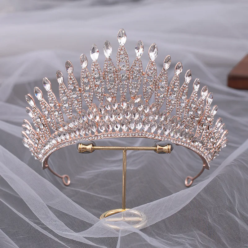 Quality Pageant Pink Bridal Crown Headdress Royal Queen Large Water Drop Crystal Tiaras Diadem Wedding Hair Jewelry Accessories