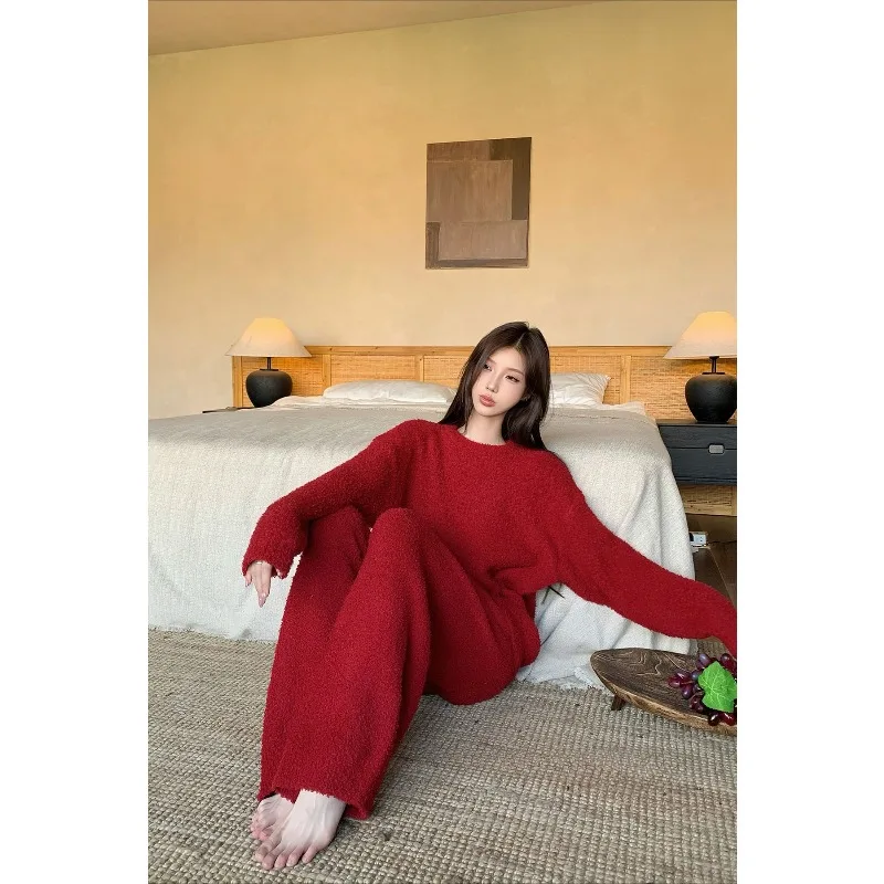 ملابس نوم نسائية نصف صوف شتوية جديدة بلون سادة ملابس منزلية حلوة مريحة ودافئة ومرنة قابلة للانفصال