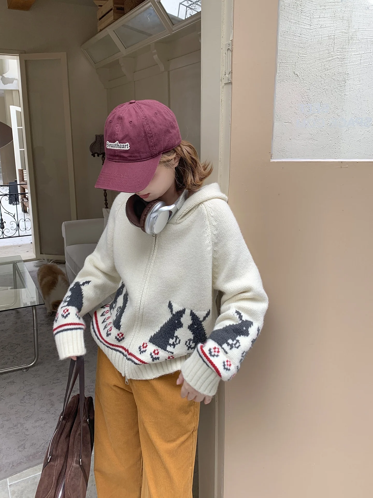 

ELINSU Women's Thiened Knitted Hooded Open Cardigan Autumn Winter Loose Versatile Outerwear Warm Heating Long Sve Diamon...