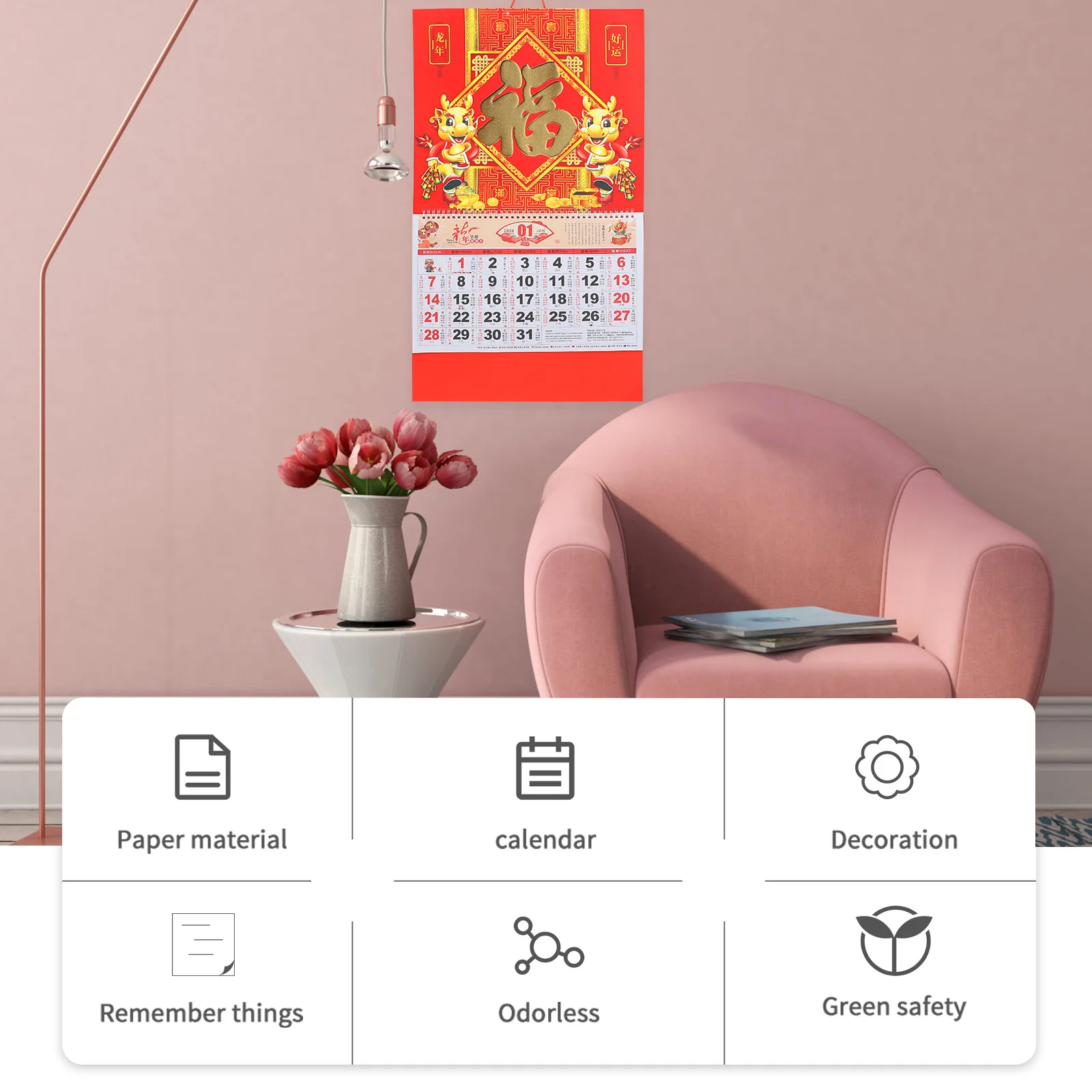 

2024 Dragon Year Hanging Calendar Lunar Date Wall Monthly Calendars Home Office Decor Design Practical Gift Traditional