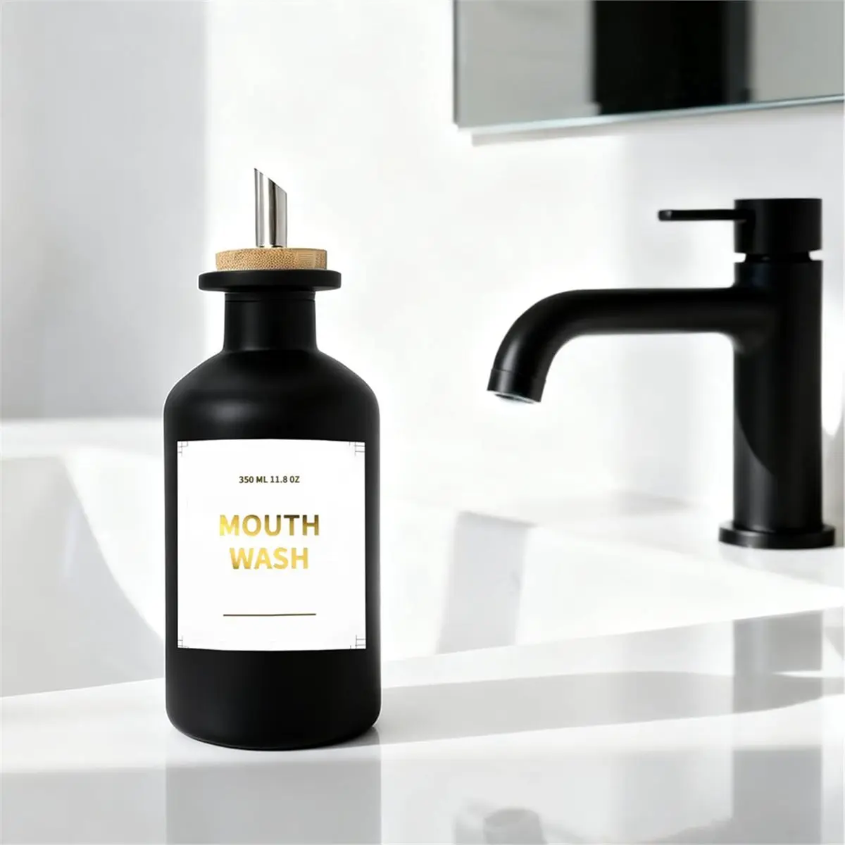 Mouthwash Dispenser for Bathroom 11.8oz Glass Mouthwash Bottle with Cup & Bamboo Tray,Gold Hot-Stamped Lettering