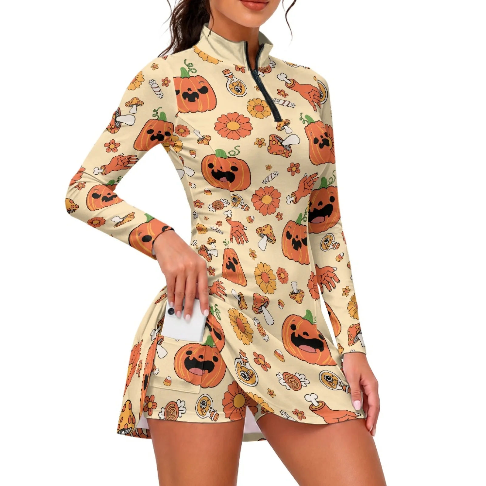 PENSTROLL Pumpkin Patch Fun 2 Pieces Set Womens Tennis Dress with Built in Shorts Swimwear Fabric Mini Dress for Golf Workout
