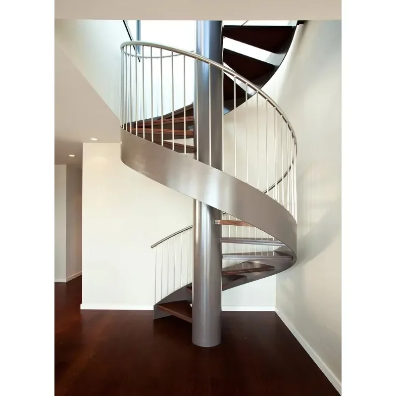 

luxury wooden steps and metal spiral staircase
