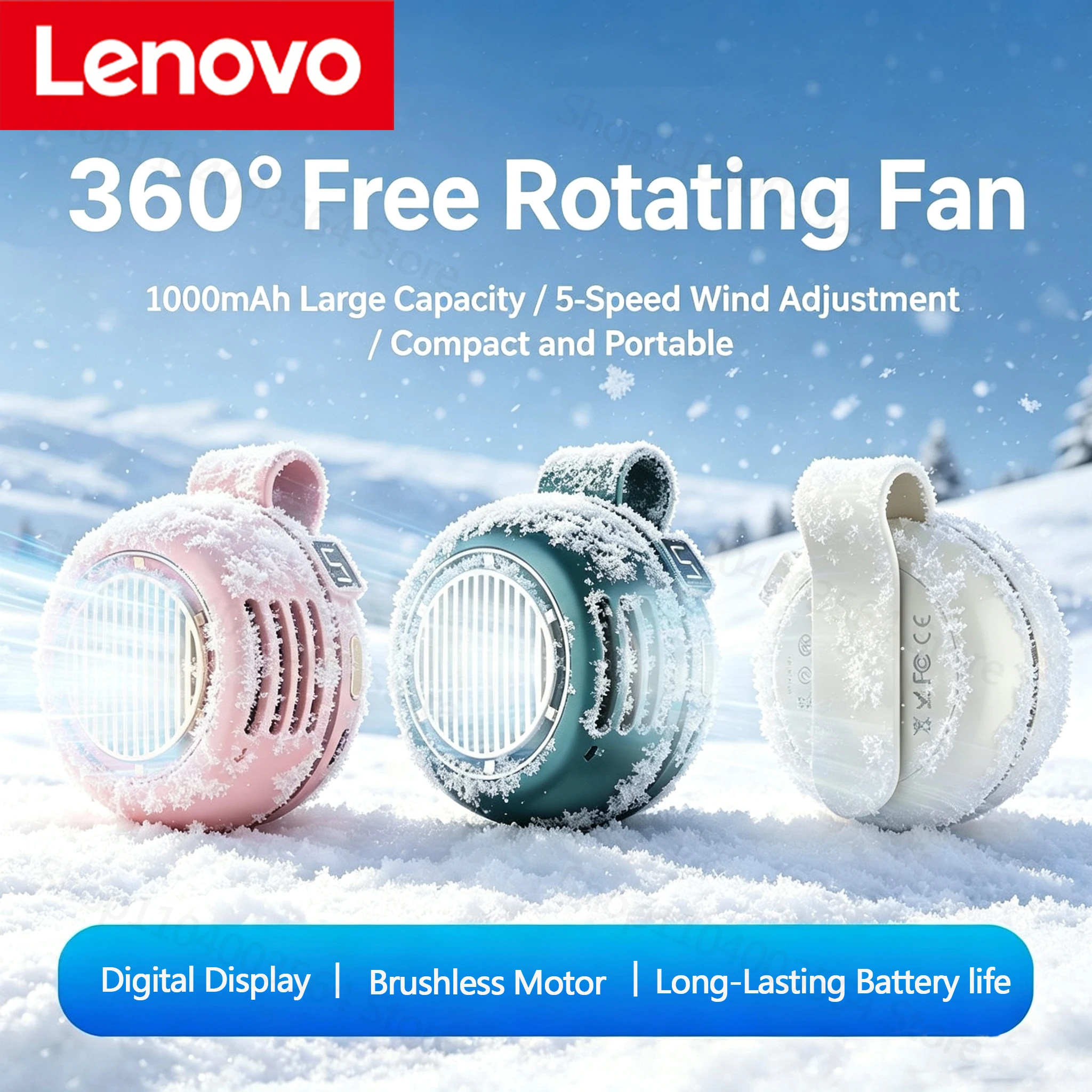 Ventilador Mini Portátil Lenovo com Clip para Cintura, Ventilador Sem Lâminas com Display Digital e Motor Sem Escovas