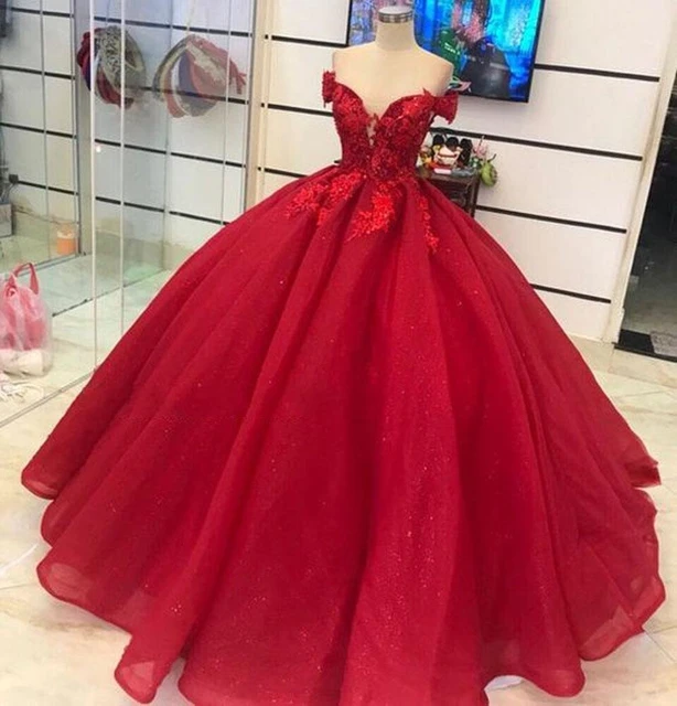 Abiti Quinceanera in pizzo rosso principessa Glitter lucido per abito da ballo dolce 15 anni abito da ballo Sexy con spalle scoperte per la festa AliExpress