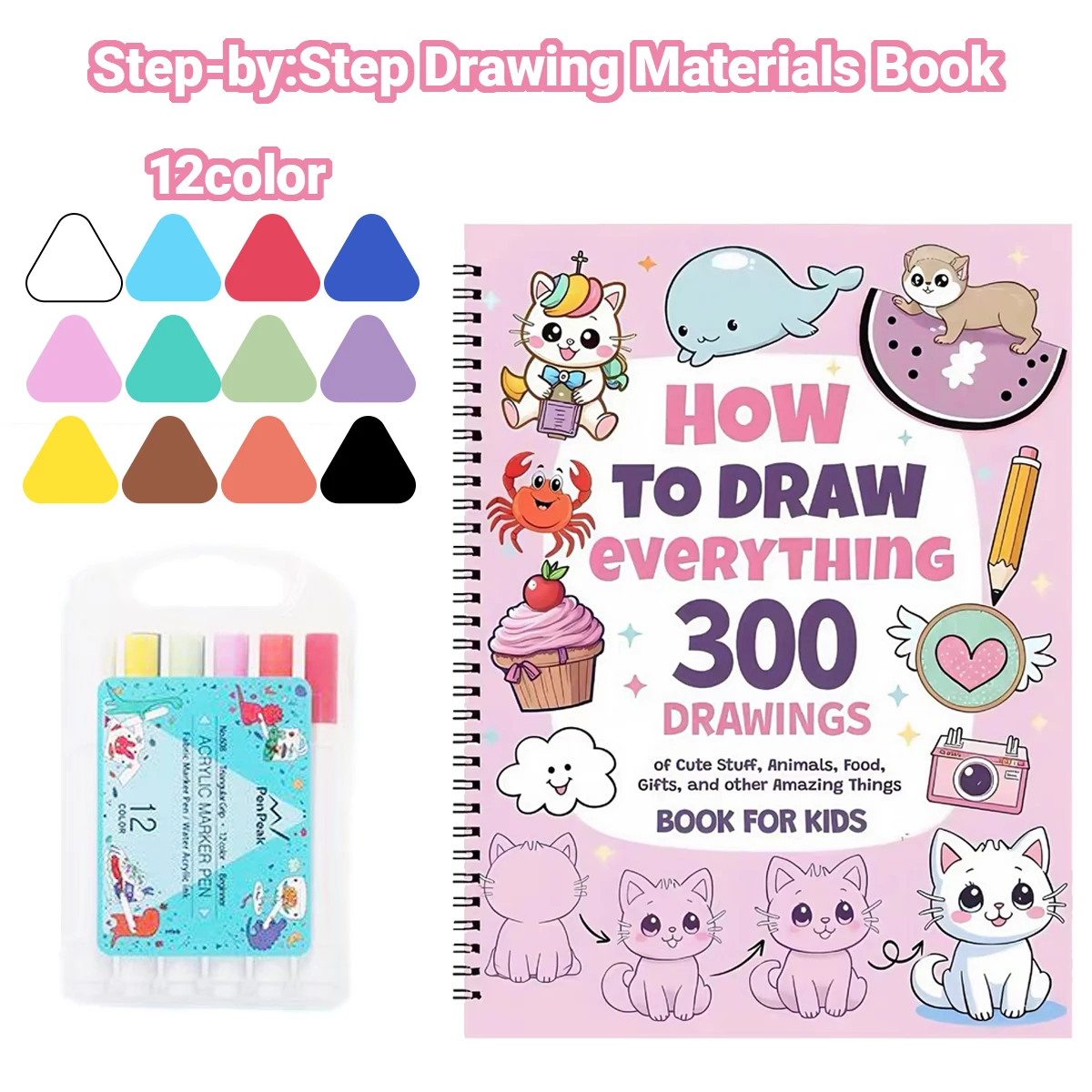 

Книга-раскраска + цветные ручки — Как нарисовать всё: 300 милых вещей, простые пошаговые книги для рисования, детские товары для творчества