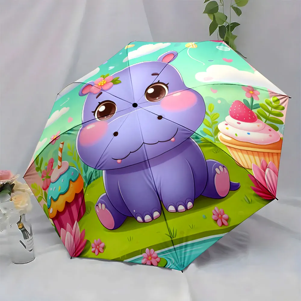 Cute Purple Hippo Design with Cupcakes and Flowers portable waterproof sun rain umbrella for outdoor travel beach