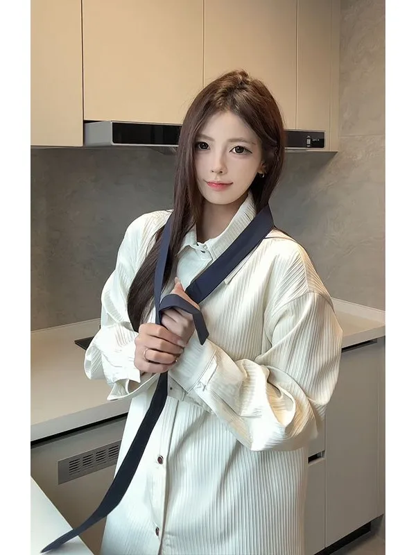 

Casual Stripe Texture Long Sleeve Shirt Men's Loose Fashion Couple's Leisure Coat Button Opening Cardigan Polyester Fiber