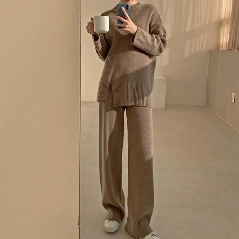 Women Autumn Winter New Crew Neck Pullover Knit Set Fashion Elastic Waist Casual Versatile Two-piece Set Wide Leg Long Pants Set