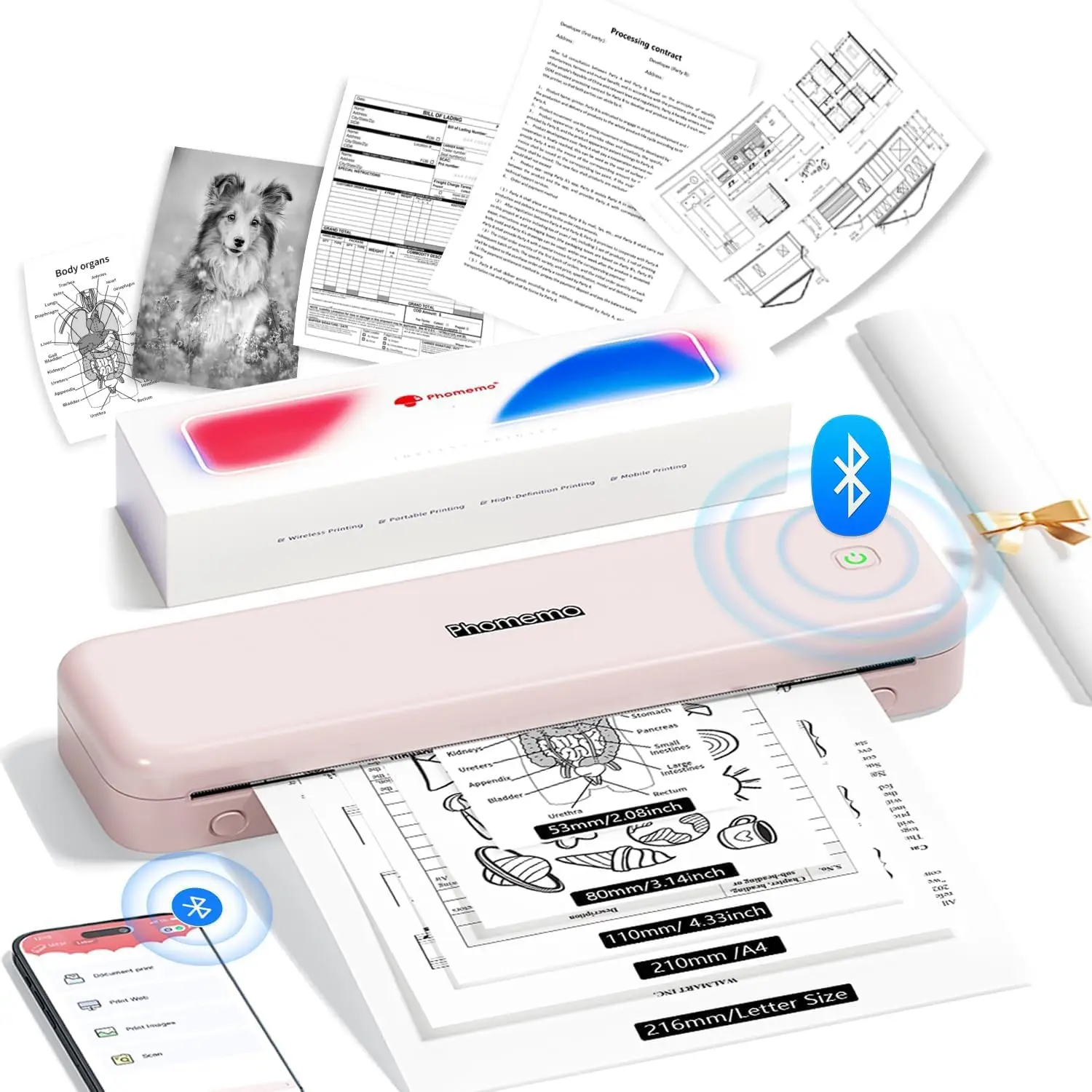 Wireless Bluetooth Thermal Printer, Support 8.5"x 11"and A4 Szie Thermal Paper, Compatible with iOS,Android & PC,Mobile Printers