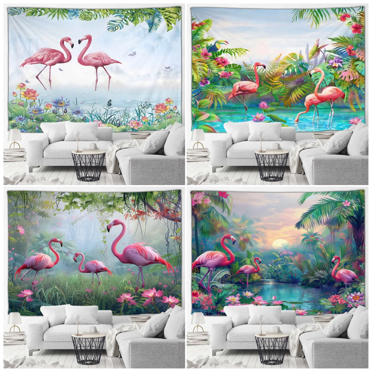 Tropical Flamingo Tapestry Green Plants Flowers Palm Leaves Monstera Lotus Jungle Landscape Home Living Room Decor Wall Hanging