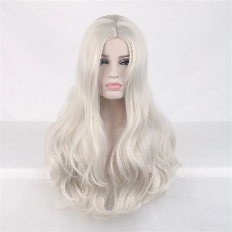 

Rose net European and American silver white wig headgear women's wig medium silver long curly hair big wave chemical fiber