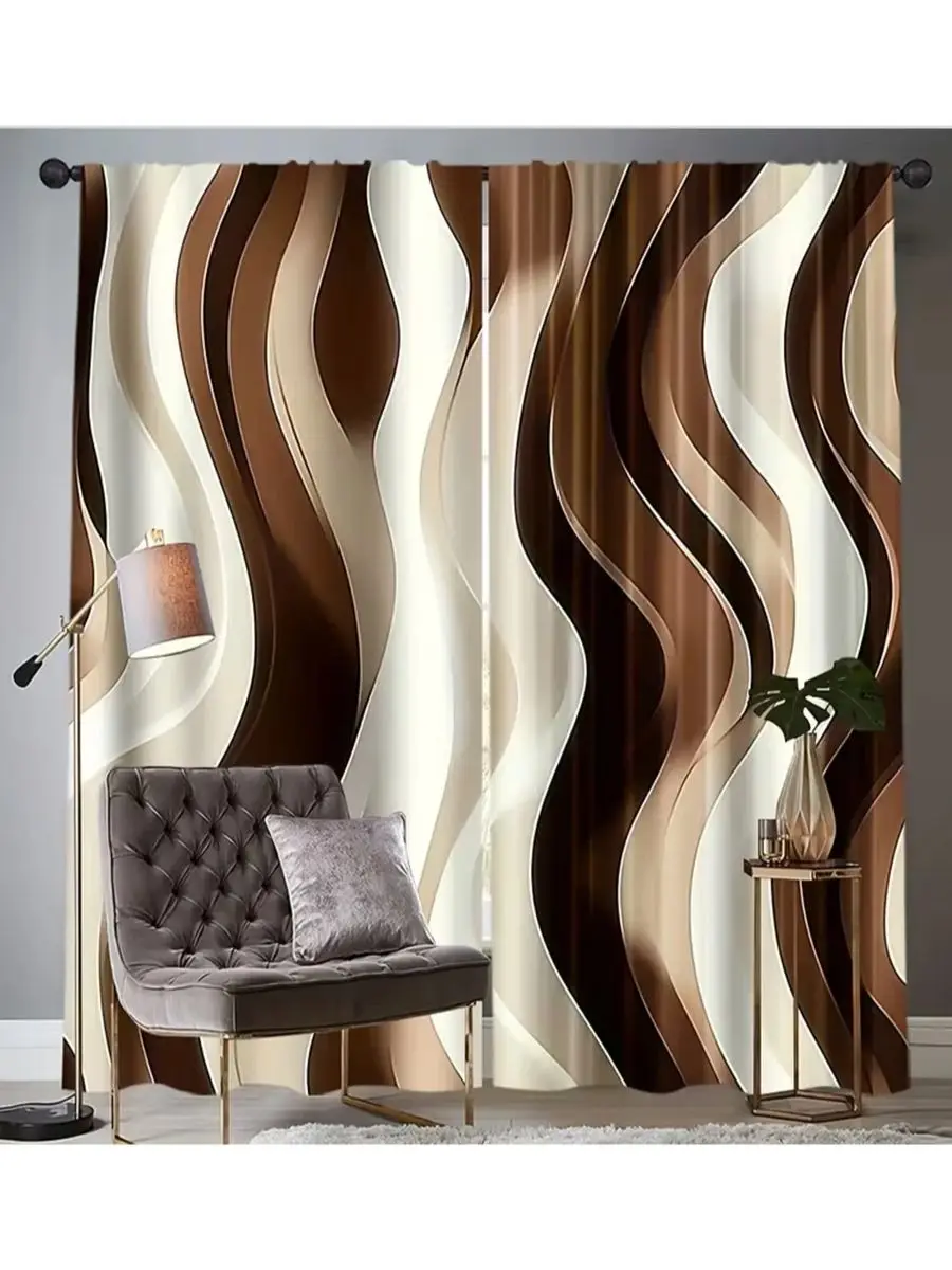 Rideaux Transparents à Motifs Ondulés Crème Marron 2 Pièces - Impression Abstraite Minimaliste Moderne Rideaux de Fenêtre pour Salon Chambre Décoration