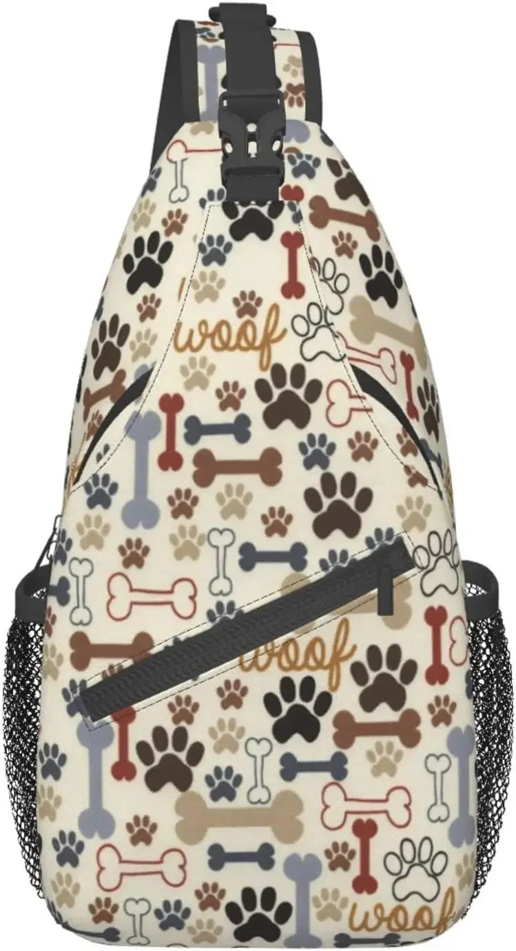 Dog Paw Print Bone Sling Backpack Travel Hiking Daypack Crossbody Shoulder Bag for Women Men  Crossbody Purse with Water Bottle