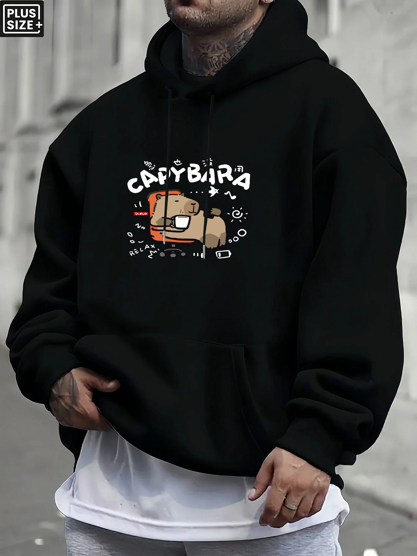 Men’s Capybara Graphic Hoodie Funny Cartoon Animal Print Plus Size Casual Pullover Sweatshirt Streetwear Autumn Winter