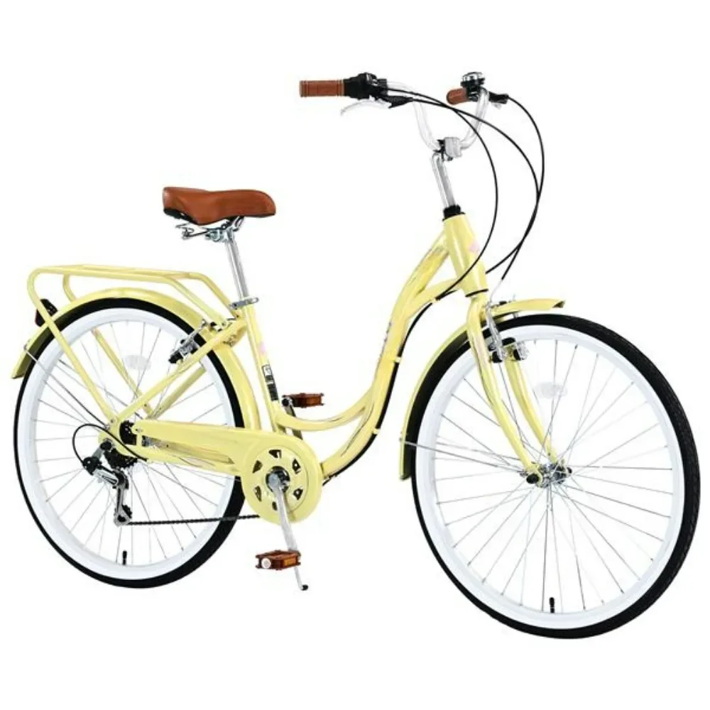 7 Speeds Steel Frame City Bike Commuter Bike for Women, Men, Seniors , Adjustable，yellow, 26 Inch Adult Cruiser Bicycle