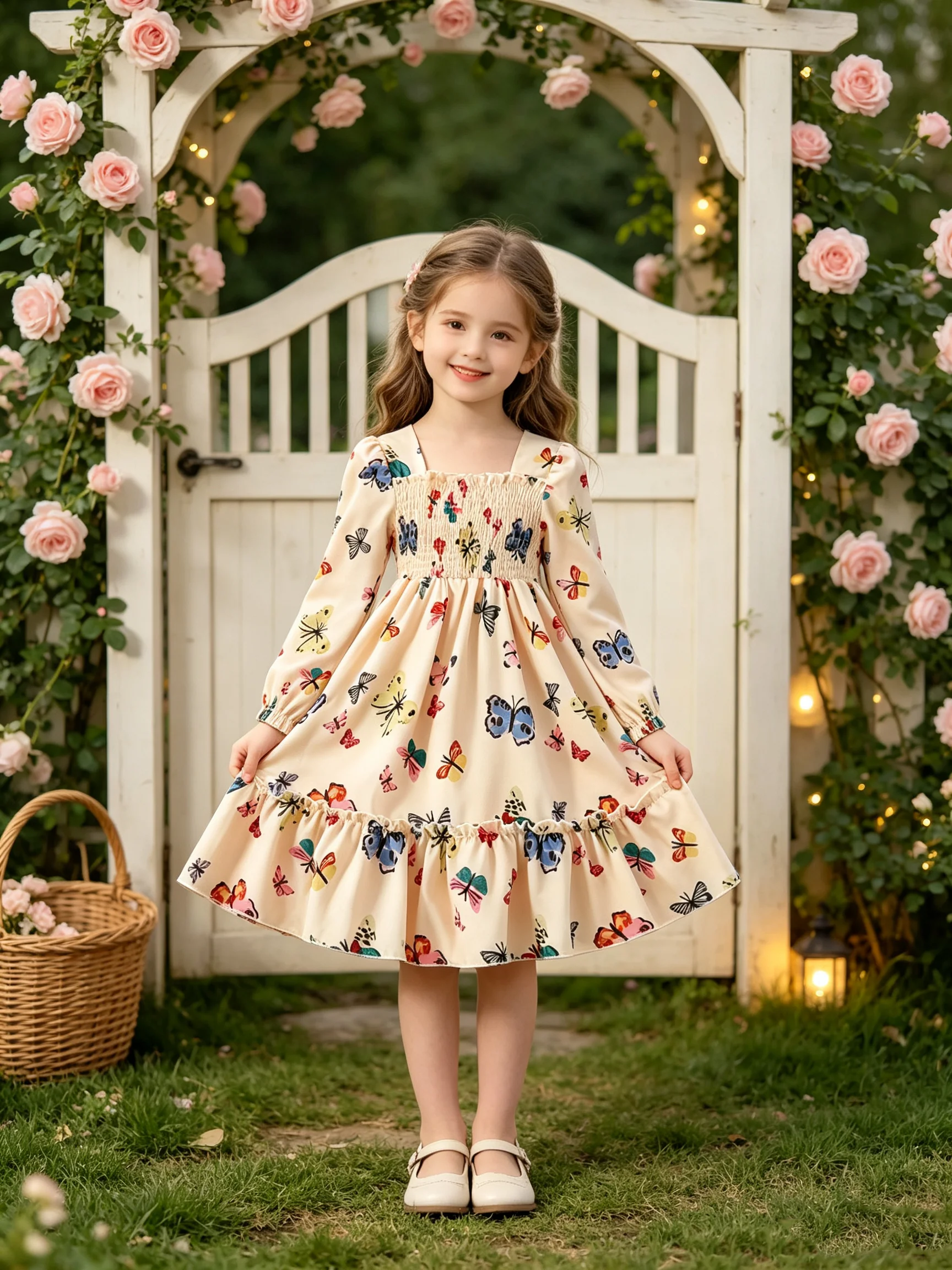Mädchen-Herbstkleid mit quadratischem Kragen, langen Ärmeln, tailliertem Schnitt, Schmetterlingsmuster und mittellangem Rock, Kinderbekleidung. – Detail 2