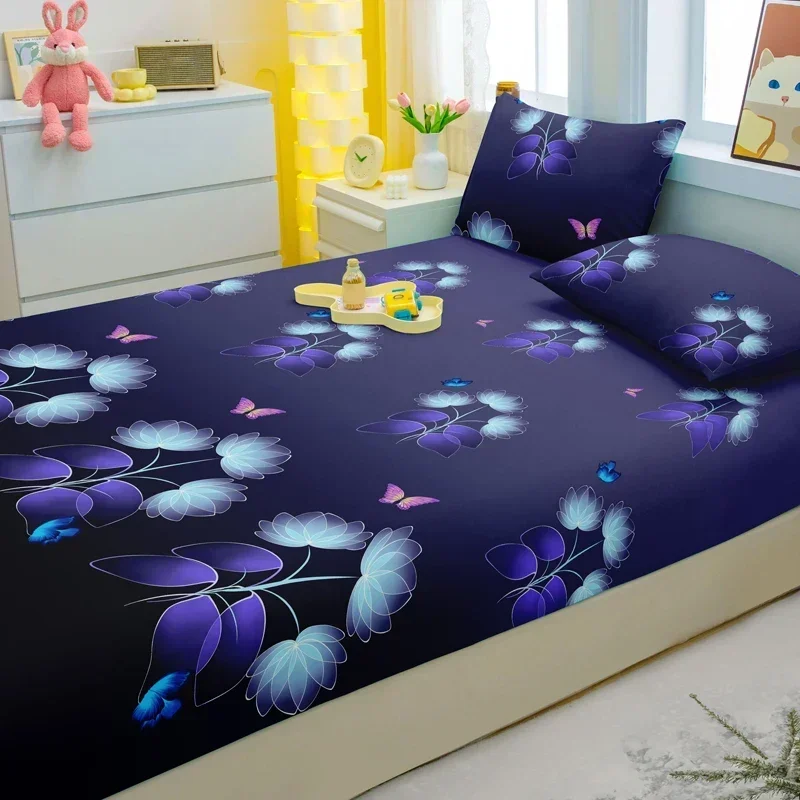 1 Simple Modern Plant Flower Printed Matte Fitted Sheet, Bedroom Printed Bed Cover, Bedding (Excluding Pillowcases)