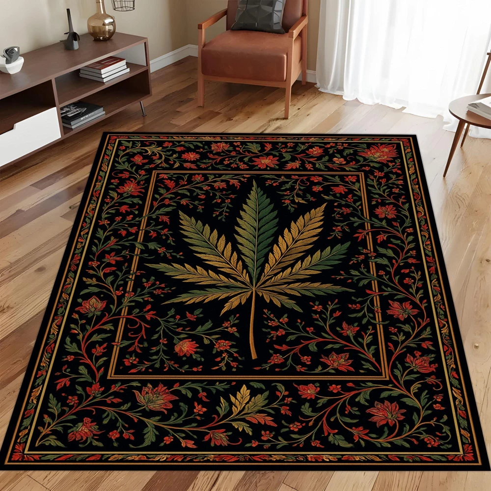 Black Background Maple Leaf Floral Border print large Rug,living room,bedroom,lounge Entry Door Mat,Washable Rug,Gift