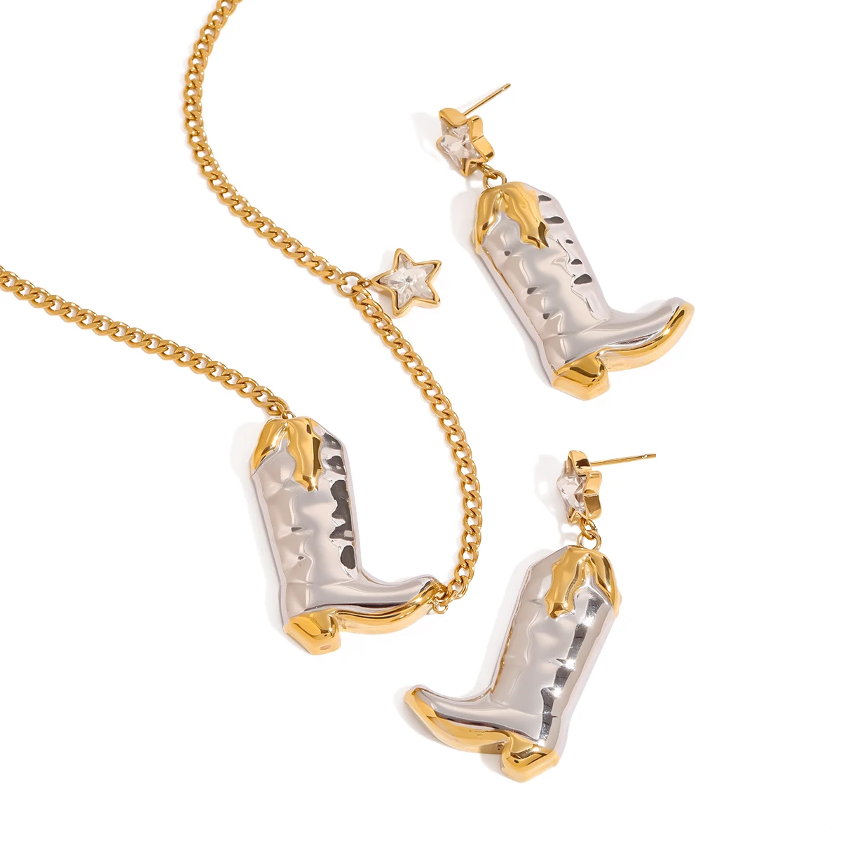 Youthway Exquisite Statement Stainless Steel Gold&Silver White Zircon Star Boots Pendant Necklace Earrings Trendy Lady Jewelry