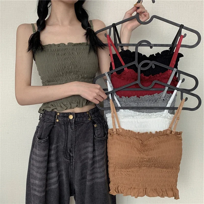 2024 Woman Tanks Camis Wrinkles Aesthetic Cute Corset Adjustable Strap Vest Crop Solid Color Tops Girls Clothes Camisole