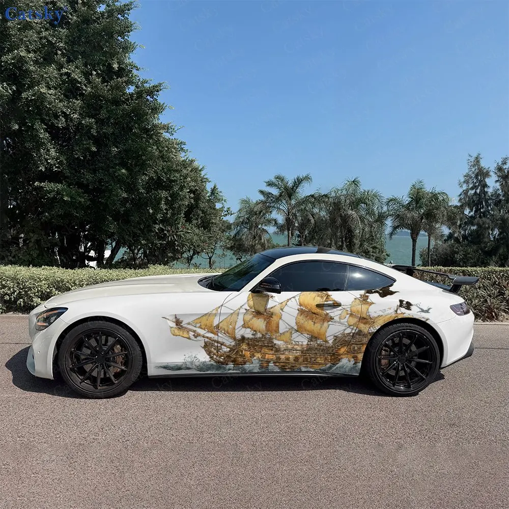 2pcs Pirate Ship Pattern Car Side Wraps, Self-Adhesive PVC Waterproof & Scratch-Resistant Stickers, Car Accessory Gift