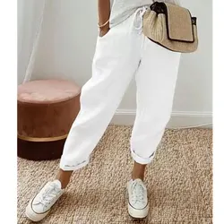 Women Loose Casual Cotton Linen Pocket Elastic Long Straight Pants