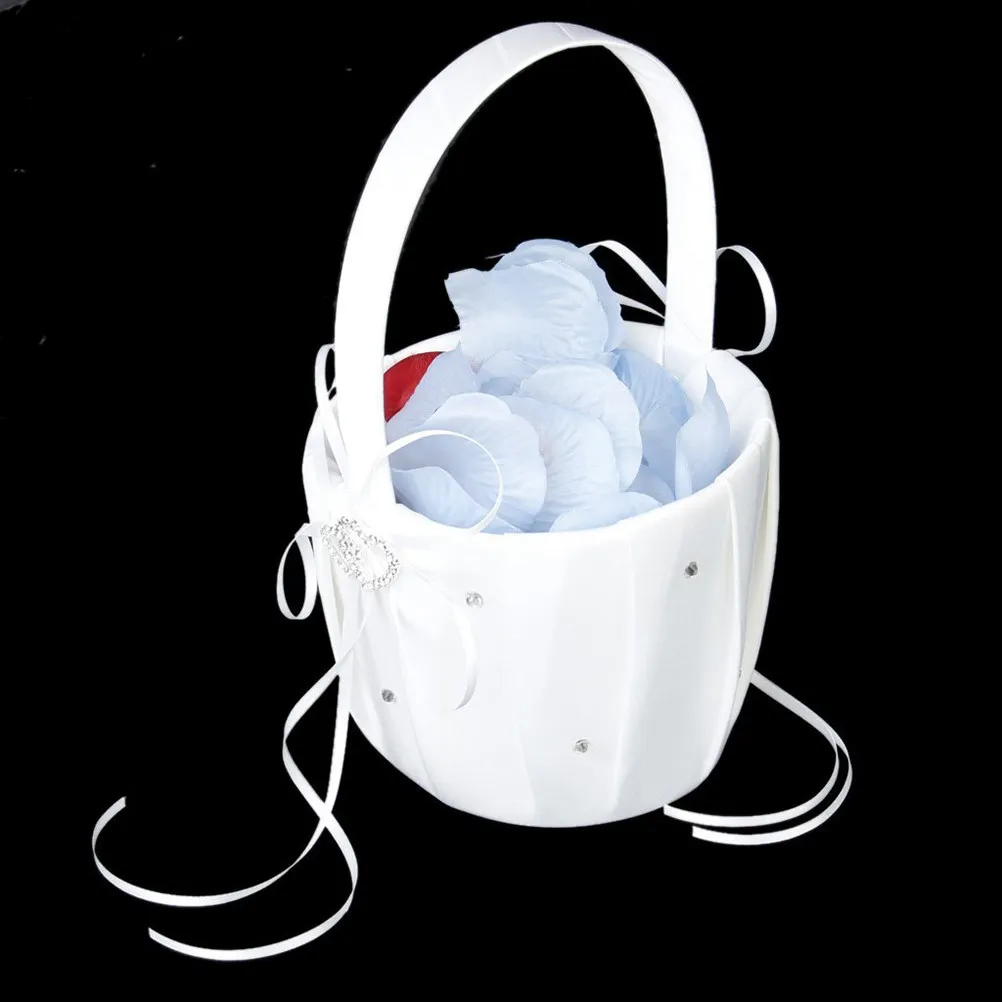 

Белая корзина для цветов с двойным сердцем из страз и атласная подушка для колец 15x15 см для свадебной церемонии, корзина для цветов, подарок с конфетами