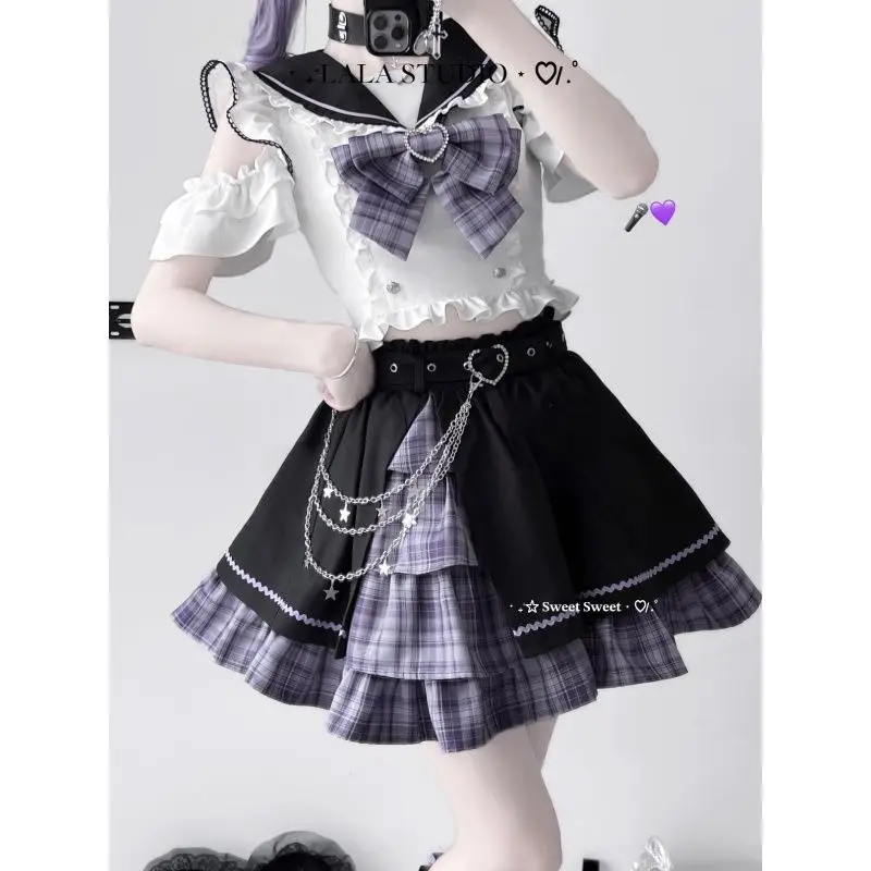 Новинка 2023 года, японский комплект из 2 предметов в стиле готической Лолиты, женская рубашка в клетку с бантом и матросским воротником, мини-юбки с оборками, эстетический костюм Y2k Новинка 2023 года, японский комплект из 2 предметов в стиле готической Лолиты, женская рубашка в клетку с бантом и матросским воротником, мини-юбки с оборками, эстетический костюм Y2k