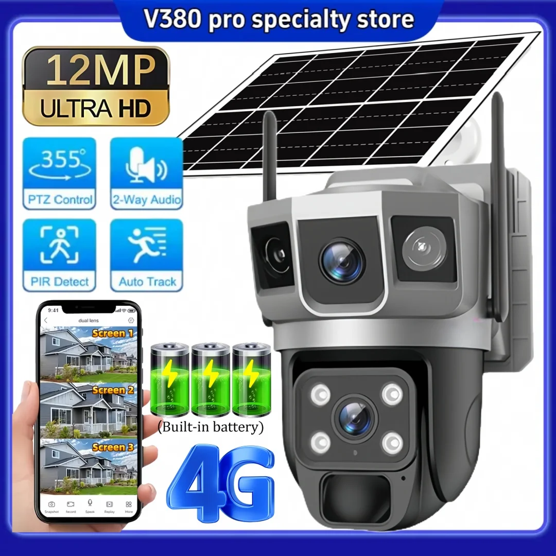 Caméra de surveillance solaire extérieure 4G, 12MP HD, 3 écrans, moniteur domestique, suivi automatique PIR, caméra IP de sécurité intelligente pour la maison