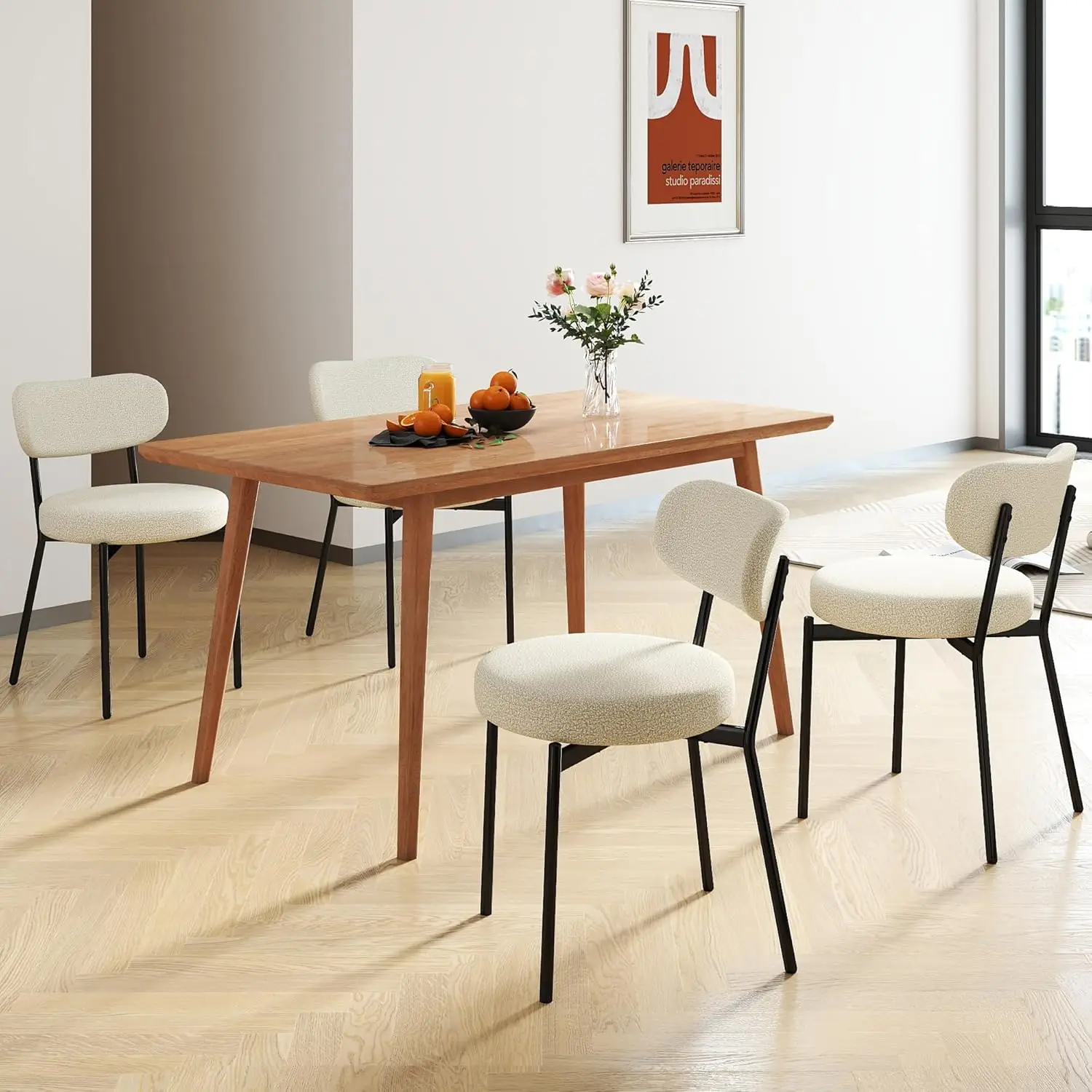 식탁 의자 4개 세트, 부클 천으로 장식됨, 현대적인 스칸디나비아 디자인, 흰색