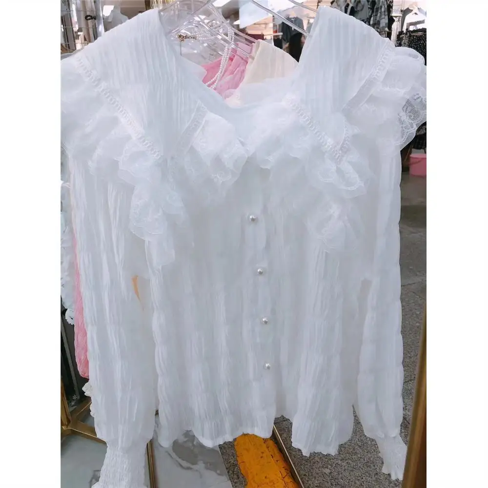 European Station 2024 Autumn New Lace Shawl Pleated Design Sweet Flare Sleeves Slimming Shirt for Women