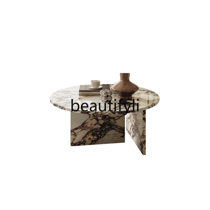 

French natural marble coffee table round living room cream style Italian luxury stone coffee table