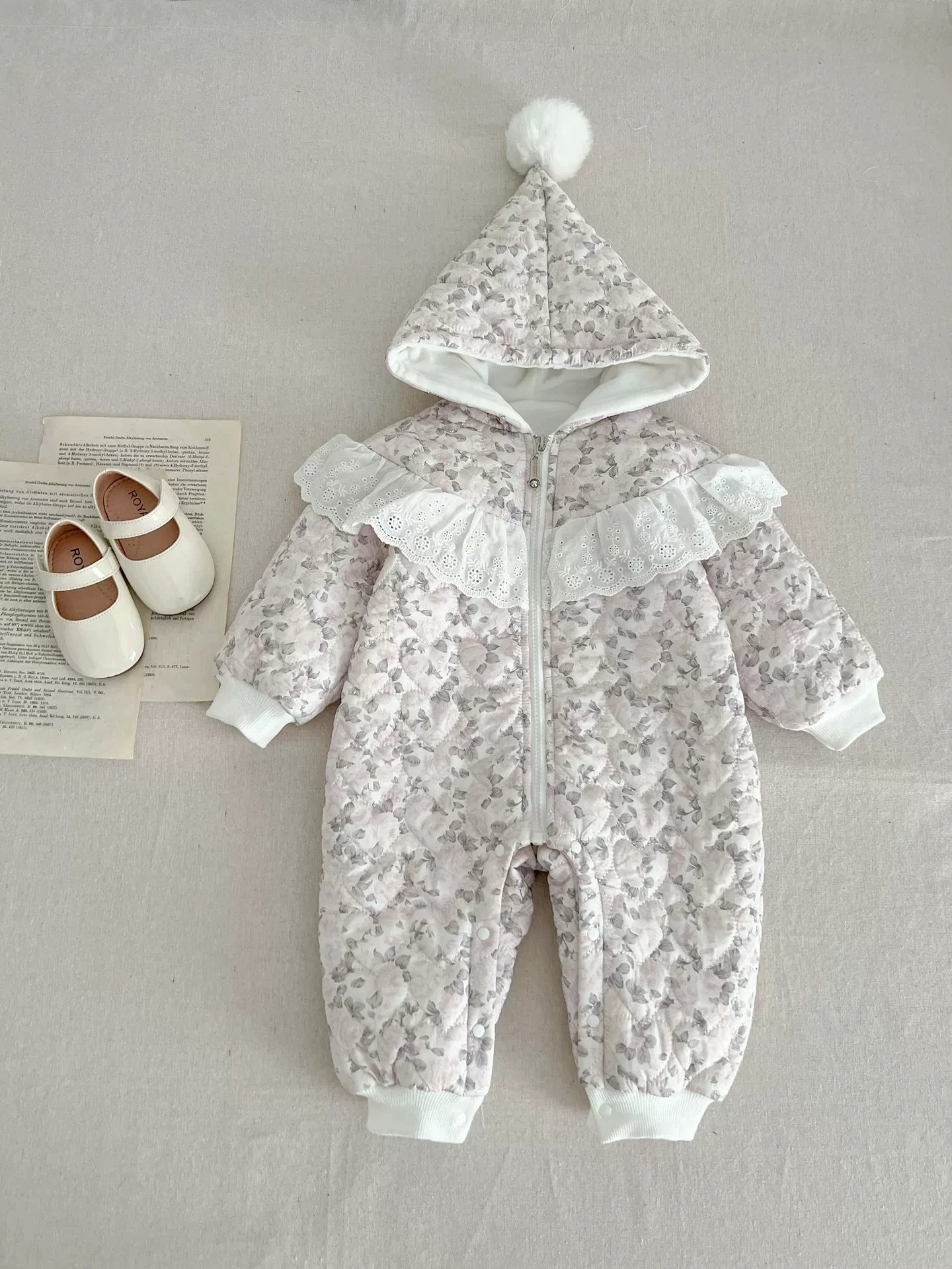 Baby Winter Romper Cotton Clothes for Infants and Young Children with Added Velvet Princess Floral Thickened Outdoor Jumpsuit