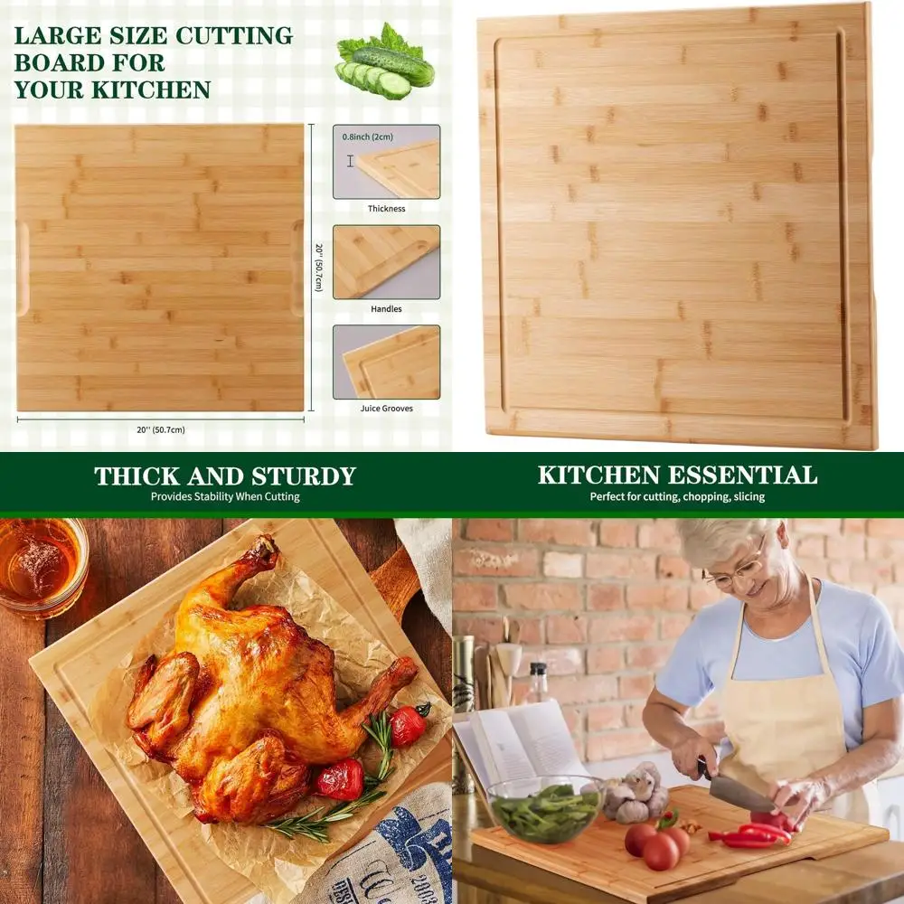

20 x 20 Bamboo Chopping Board with Handle and Juice Groove for Kitchen, Meat, and Veggie Preparation