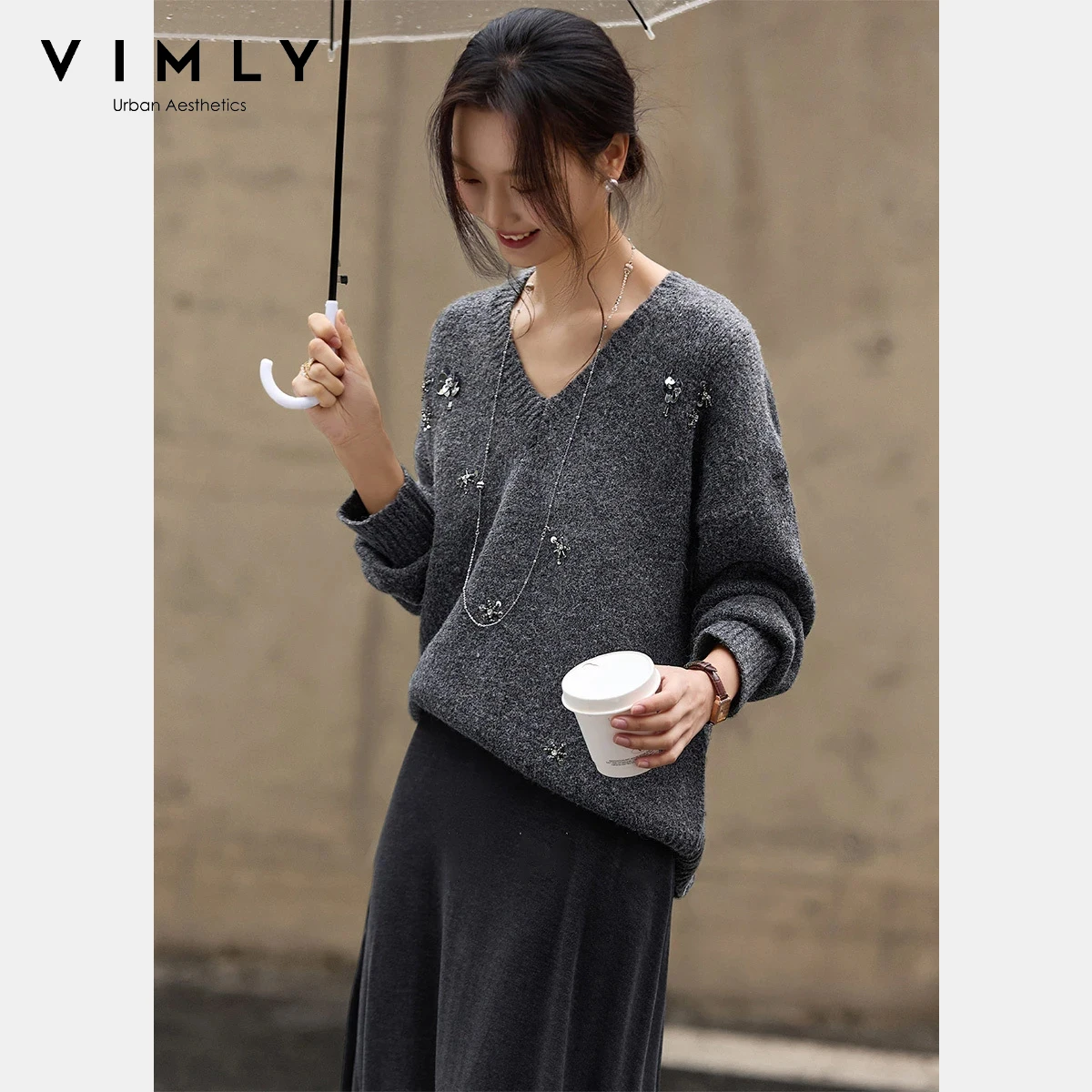 

VIMLY Elegant Women's Knitted Sweater 2025 Winter Grey Sequin High Elasticity V Neck Jumpers for Woman Long Sleeve Top 30326