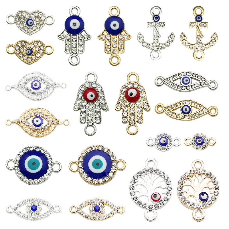 KC Silver Color Rhinestone Turkish Evil Eye Charm For Jewelry Making 2 Holes Connector DIY Bracelet Necklace Accessories Supply