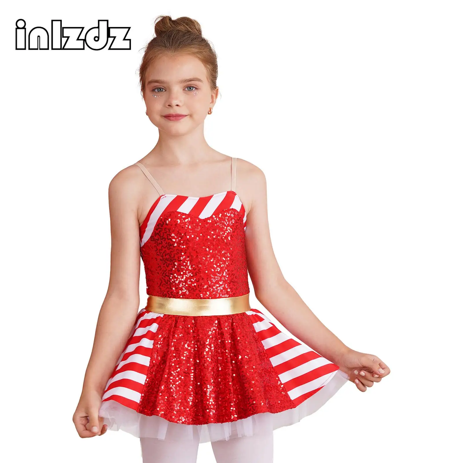 

Girls Candy Cane Striped Sequins Ballet Tutu Dance Dress Adjustable Straps Skirt Tutu Dress for Christmas Dress Up Party Wear